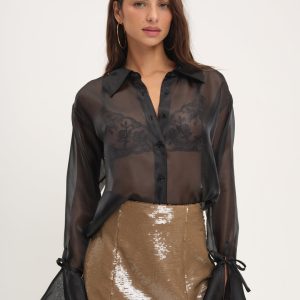Organza Button-Up Blouse — Black