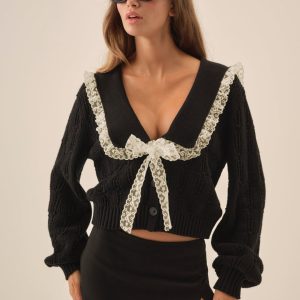 Frenchy Pointelle Knit Cardigan — Black