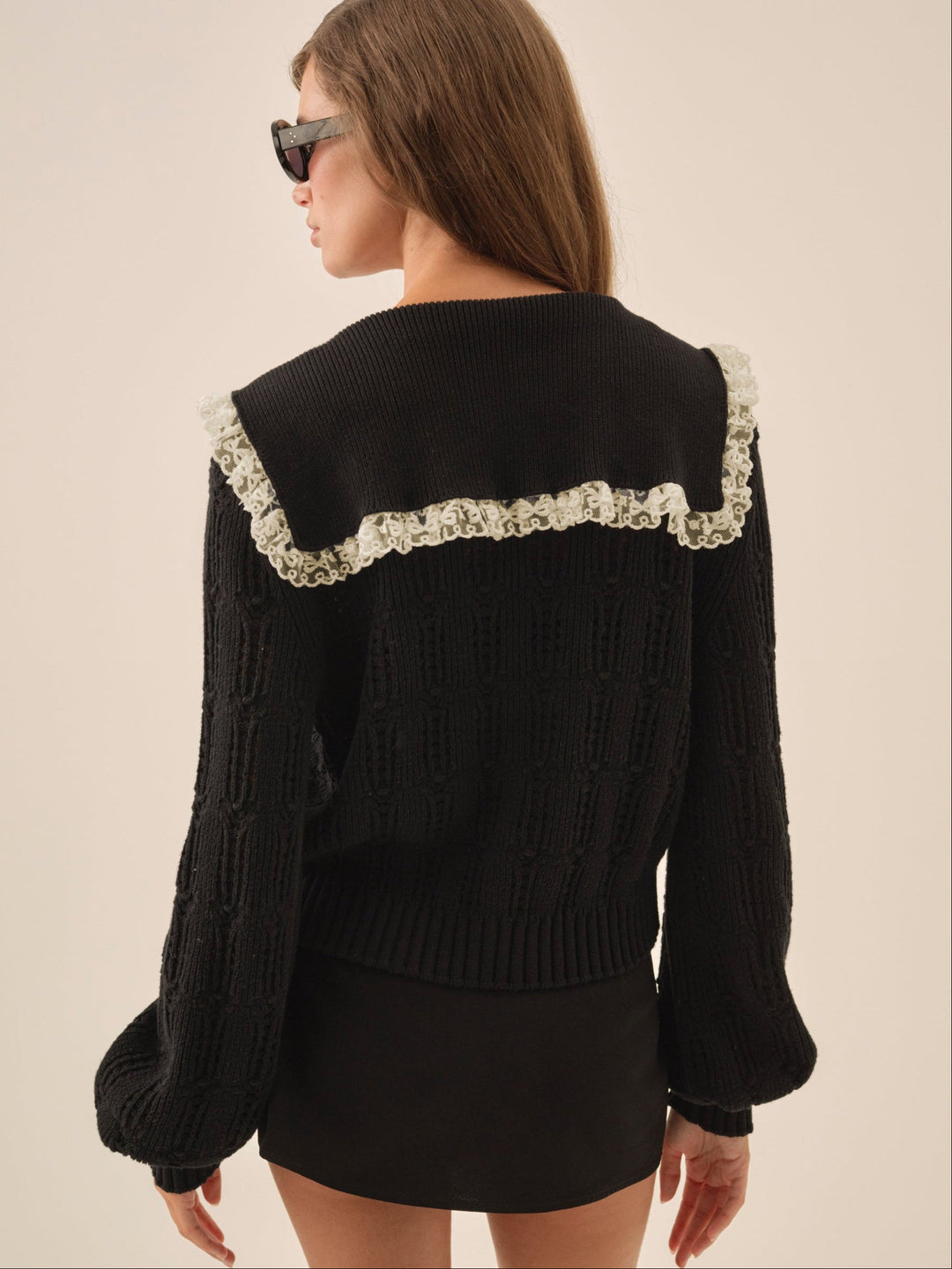 Frenchy Pointelle Knit Cardigan — Black - Image 3