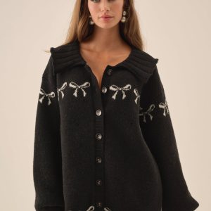 Bow Intarsia Knit Sweater — Black