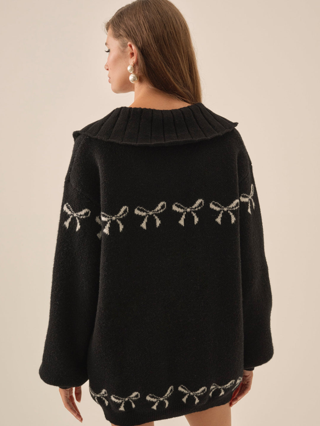 Bow Intarsia Knit Sweater — Black - Image 2