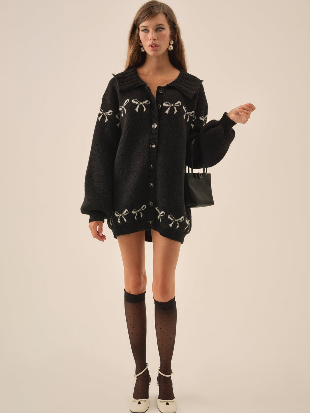 Bow Intarsia Knit Sweater — Black - Image 3
