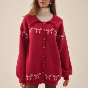 Bow Intarsia Knit Sweater — Red