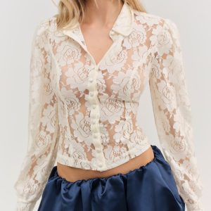 Claudia Rose Lace Button Down Top — Cream