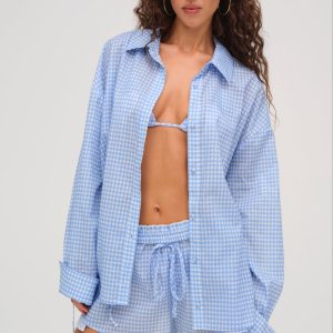 Gingham Button-Down Top — Blue
