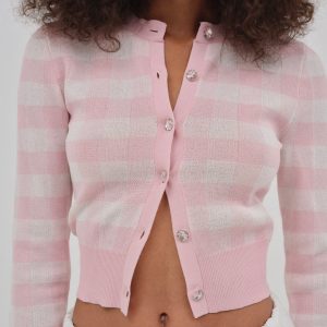 Brushed Gingham Knit Cardigan — Pink