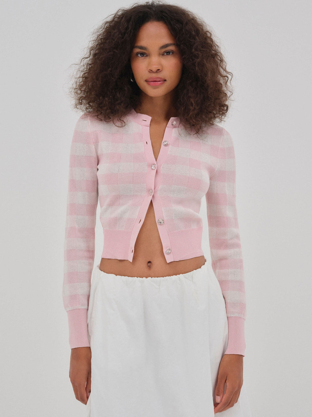Brushed Gingham Knit Cardigan — Pink - Image 2