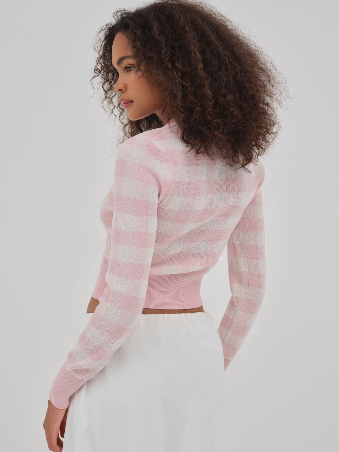 Brushed Gingham Knit Cardigan — Pink - Image 3