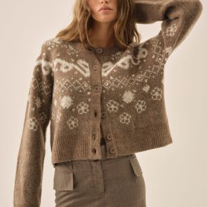 Arabella Intarsia Crewneck Cardigan — Brown