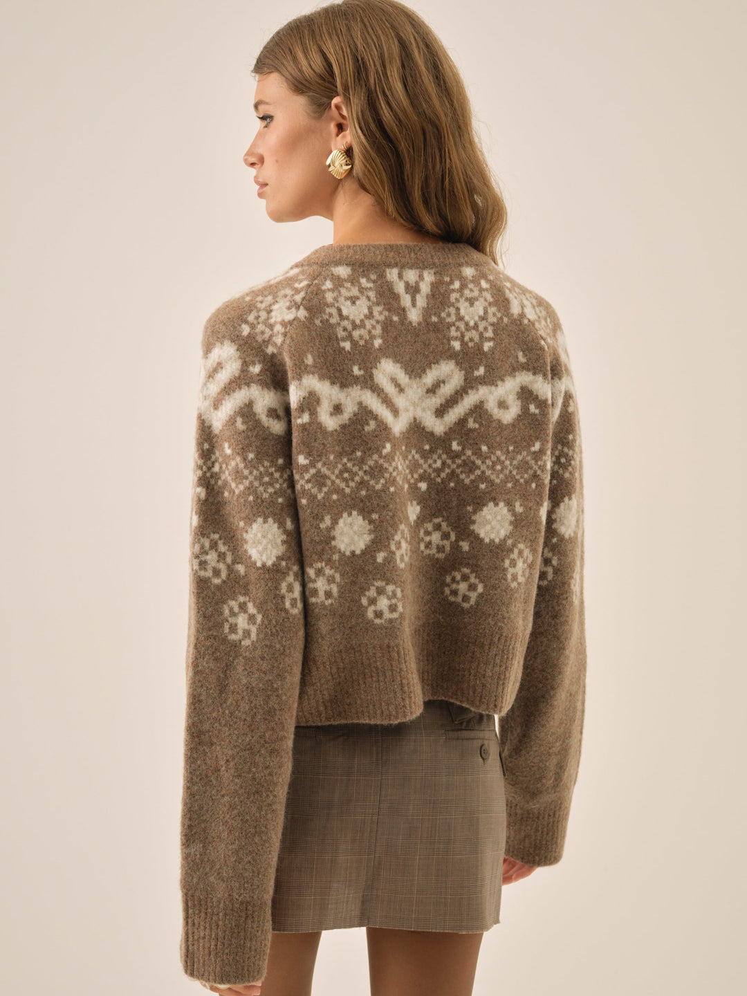 Arabella Intarsia Crewneck Cardigan — Brown - Image 2