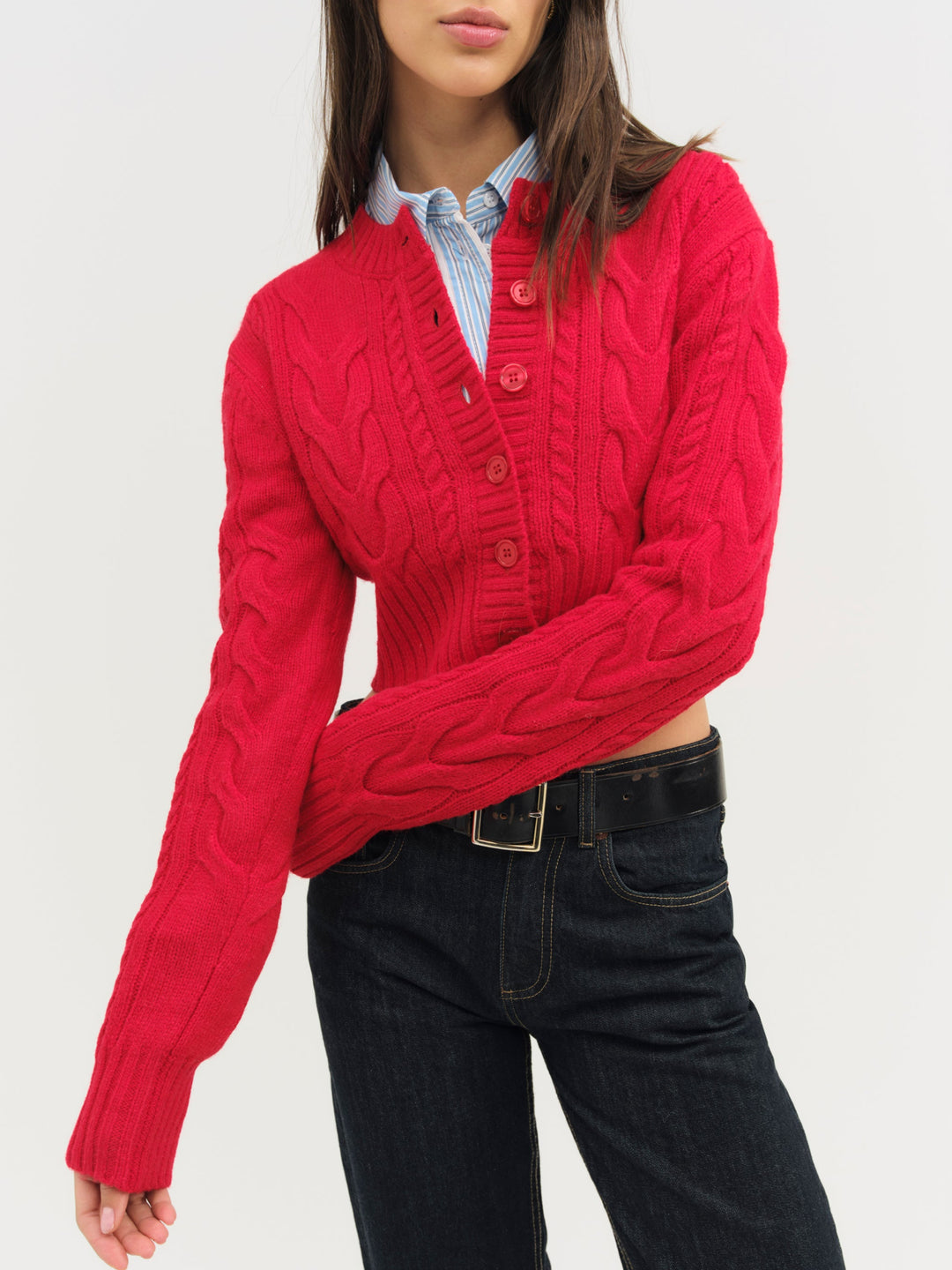 Camille Cable Knit Cardigan — Red - Image 2