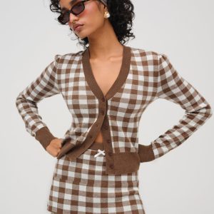 Gingham Knit Cardigan — Brown
