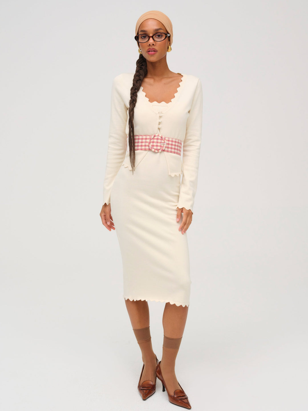 Sisi Scallop Knit Midi Dress — Cream - Image 2
