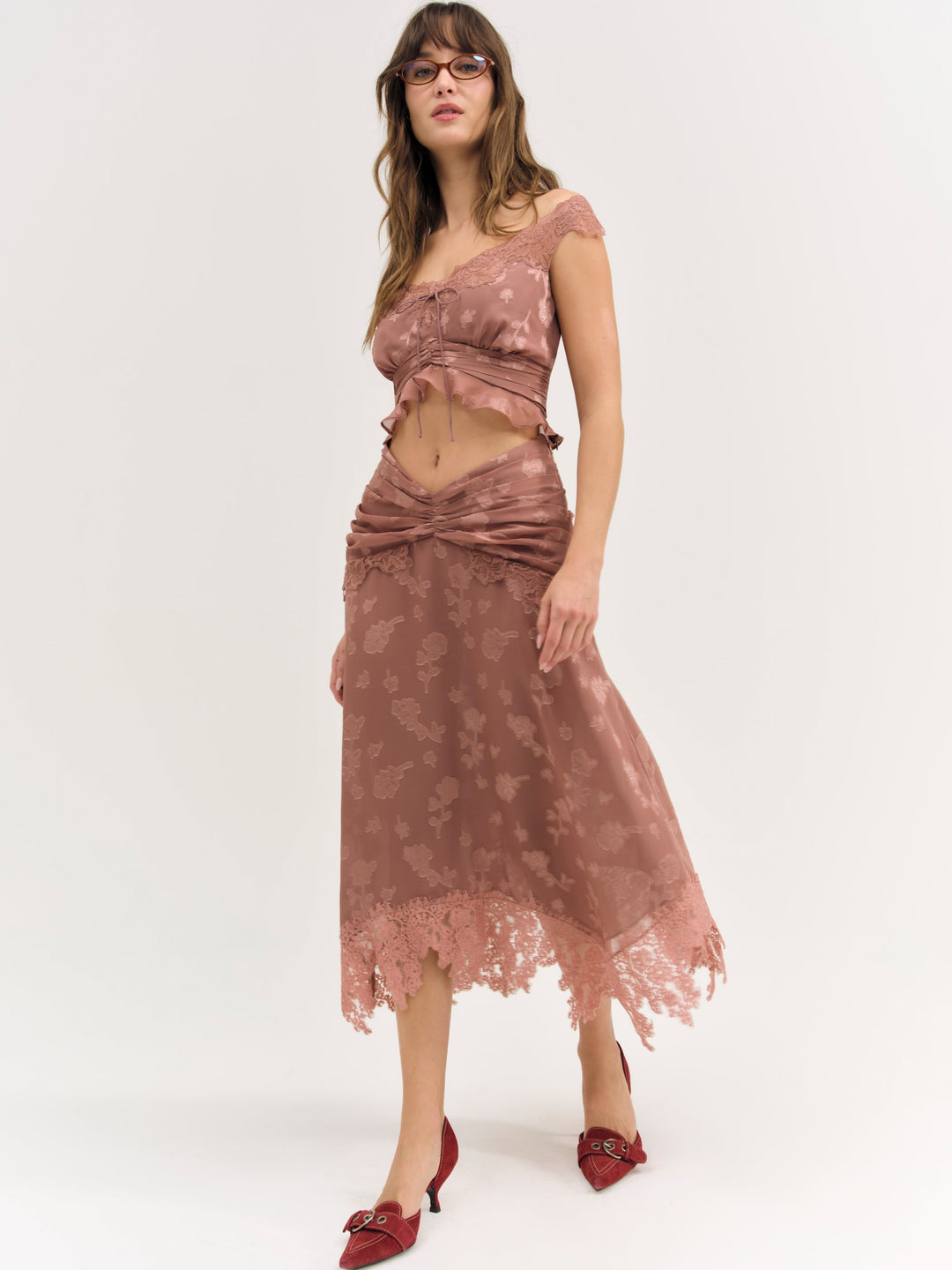 Colette Satin Burnout Midi Skirt — Mahogany - Image 2