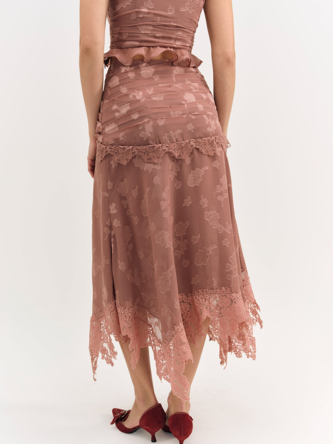 Colette Satin Burnout Midi Skirt — Mahogany - Image 3