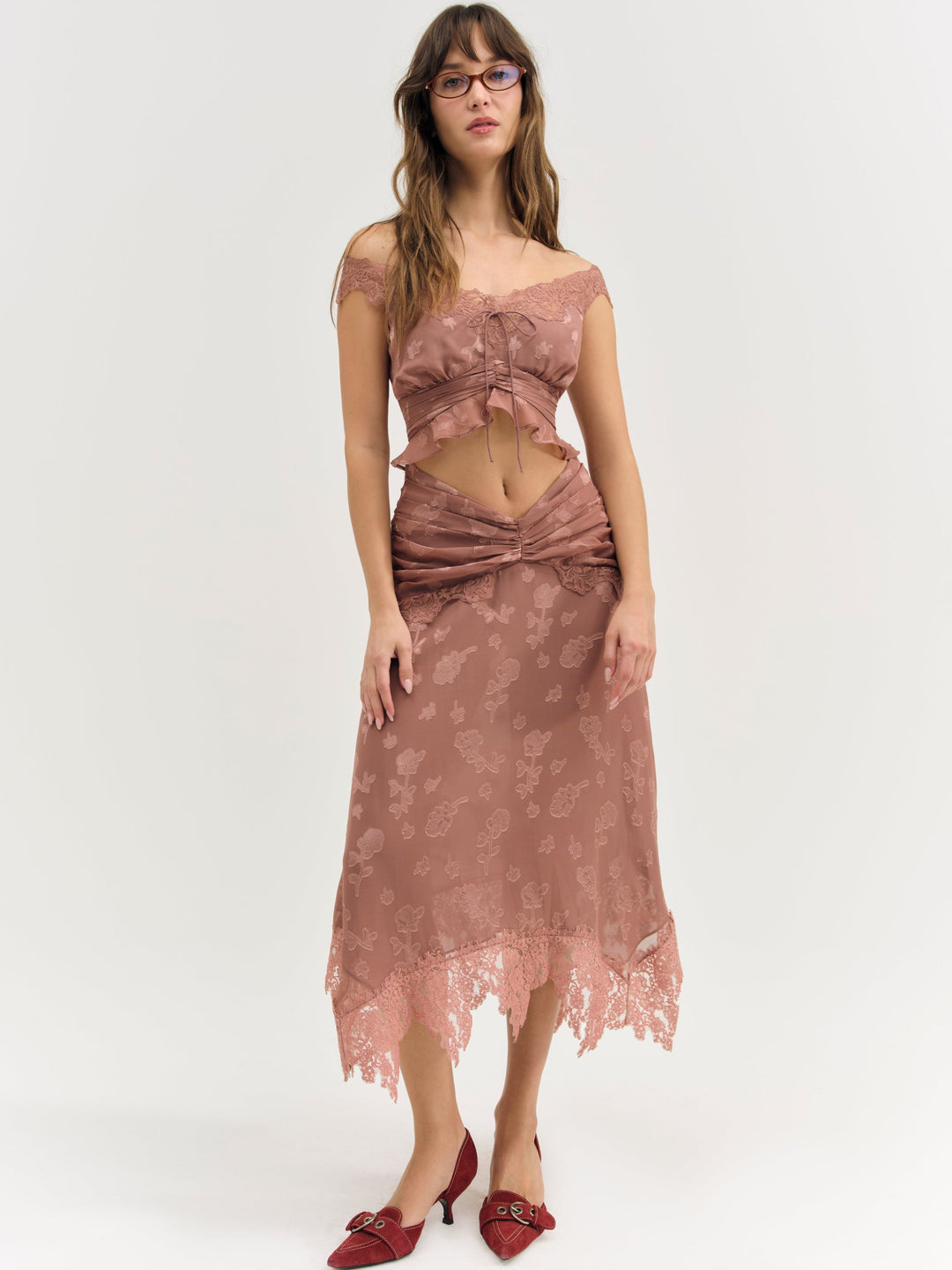 Colette Satin Burnout Midi Skirt — Mahogany - Image 4