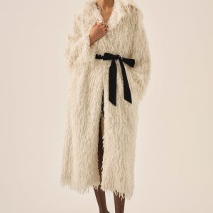 Ruffle Faux Feather Coat — Cream