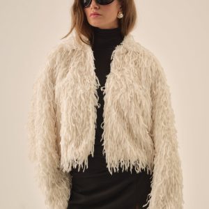 Ruffle Faux Feather Jacket — Cream