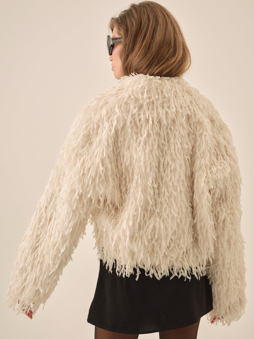 Ruffle Faux Feather Jacket — Cream - Image 3