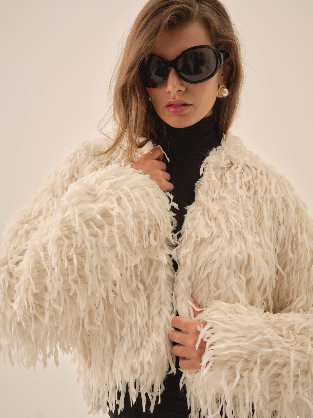 Ruffle Faux Feather Jacket — Cream - Image 4