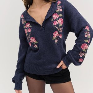 Molly Embroidered Pullover Sweater — Navy