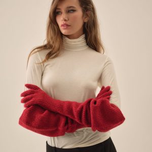 Slouchy Rib Knit Gloves — Red
