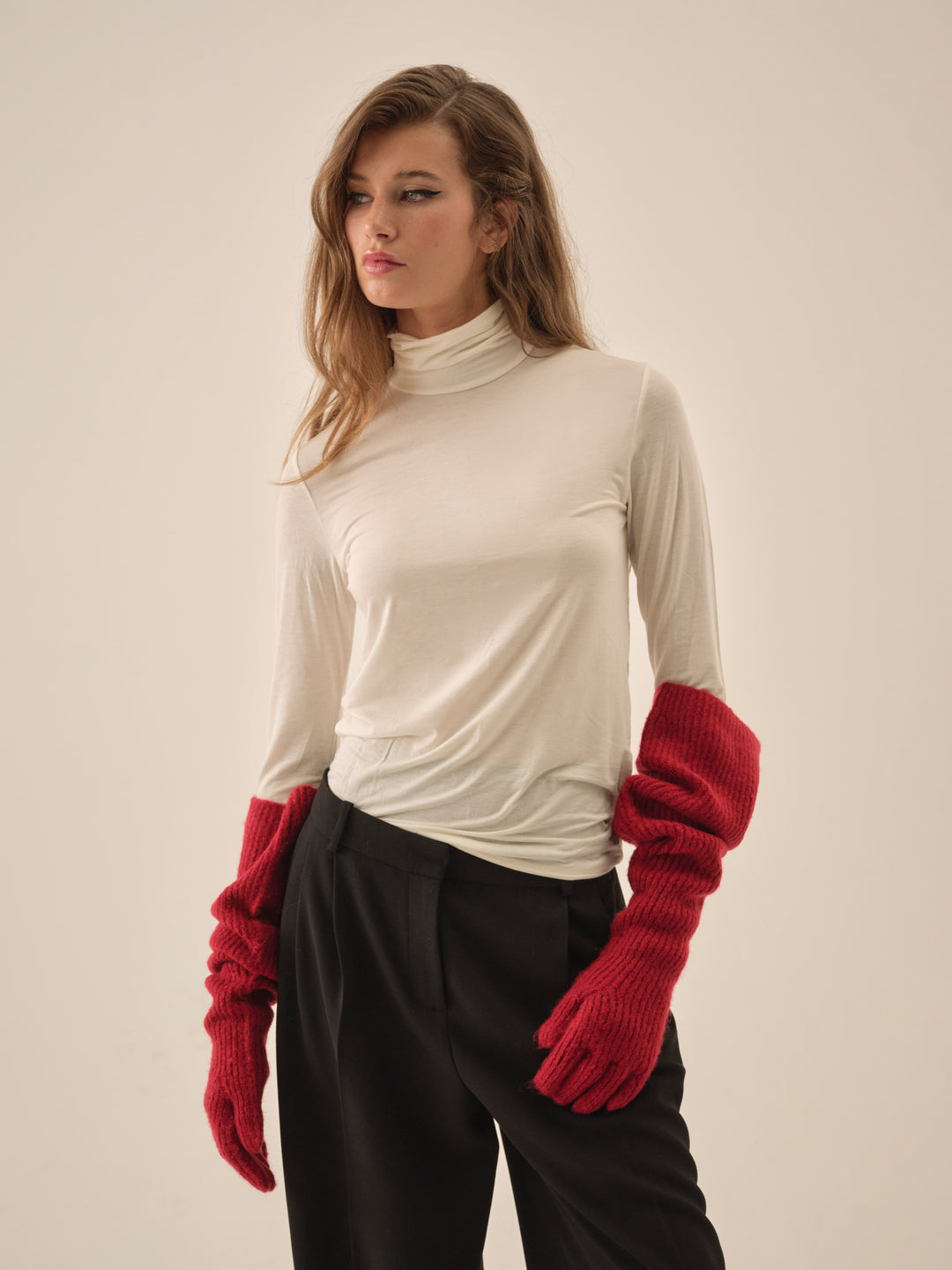 Slouchy Rib Knit Gloves — Red - Image 2