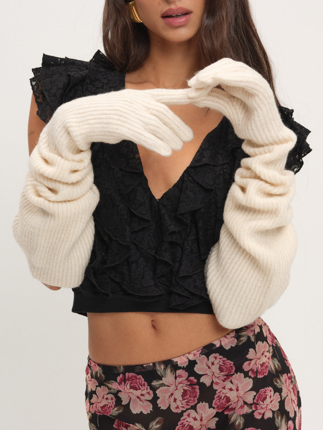 Slouchy Rib Knit Gloves — Cream - Image 2