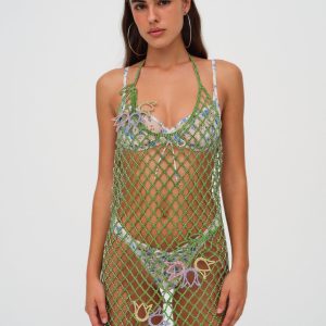 Tulip Grid Rhinestone Dress — Green