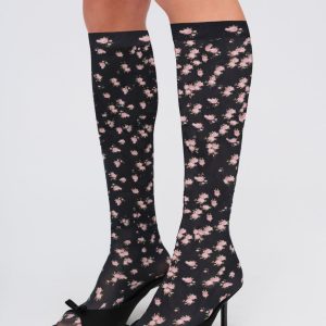 Floral Knee-High Socks — Black