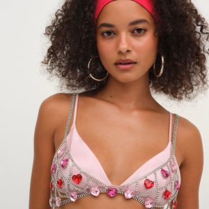 Rhinestone Heart Bralette — Red
