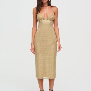 Glitter Grid Midi Dress — Gold