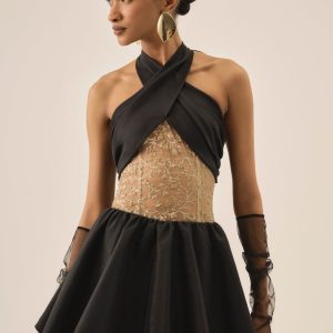 Shimmering Petals Mini Dress — Black