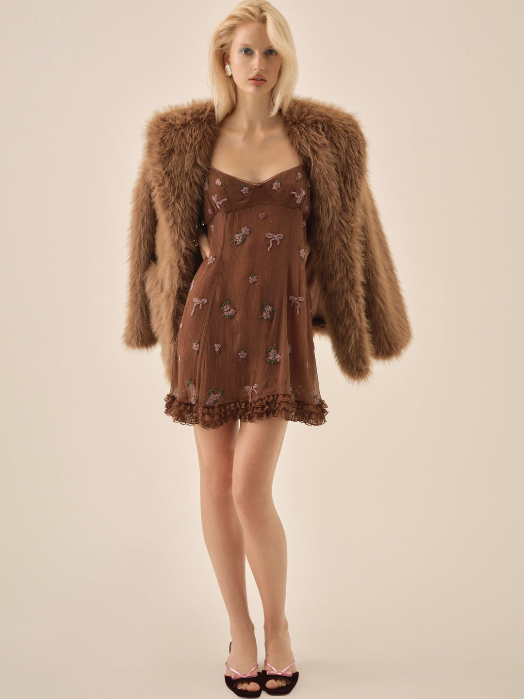 Beaded Garden Bow Mini Dress — Brown - Image 3