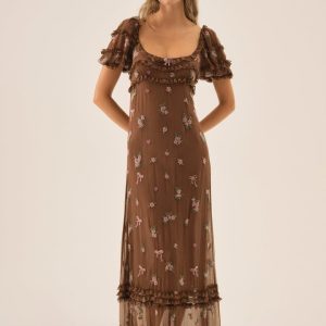 Beaded Garden Bow Maxi Dress — Brown