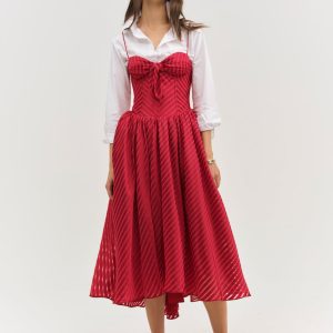 Satin Burnout Stripe Midi Dress — Red