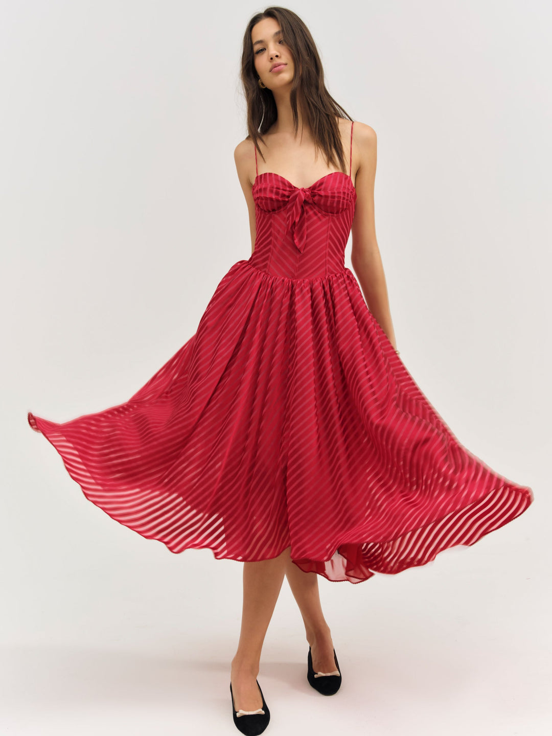 Satin Burnout Stripe Midi Dress — Red - Image 2