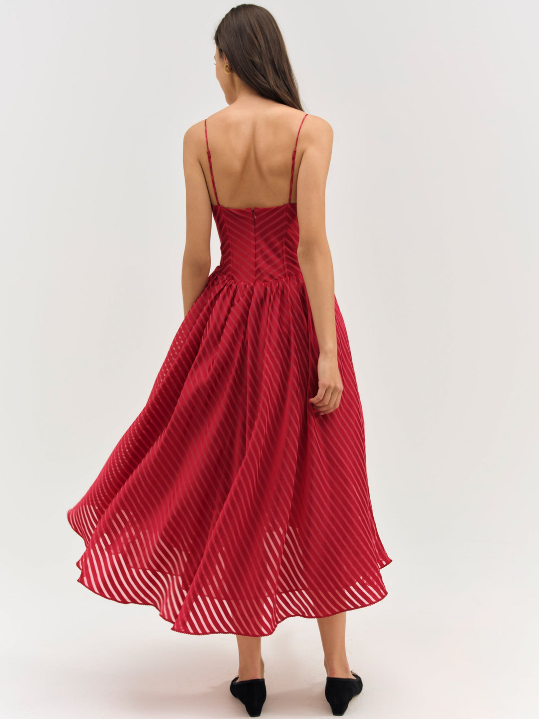 Satin Burnout Stripe Midi Dress — Red - Image 3