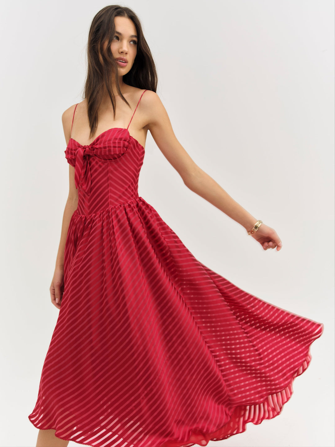 Satin Burnout Stripe Midi Dress — Red - Image 4