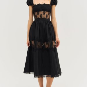 Liya Lace Midi Dress — Black