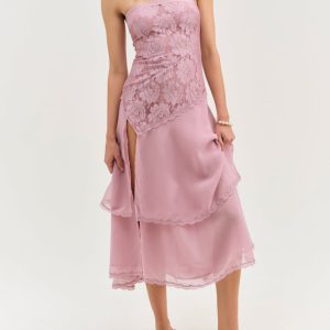 Claudia Rose Lace Strapless Midi Dress — Mulberry