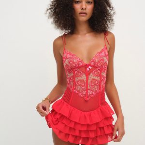 Heartbeat Lace Slip Dress — Red
