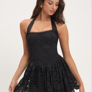 Lakeside Lace Halter Mini Dress — Black