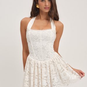 Lakeside Lace Halter Mini Dress — Cream