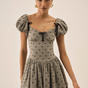 Twill Bow Mini Dress — Grey