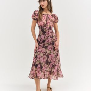 Adeline Floral Midi Dress — Brown
