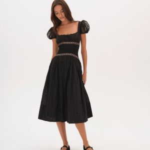 Verbana Eyelet Midi Dress — Black
