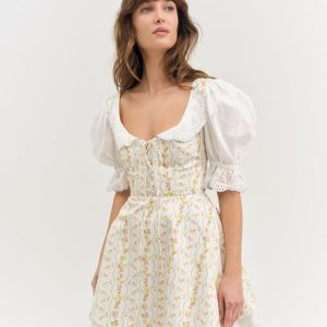 Brigitta Floral Short Sleeve Mini Dress — Ivory