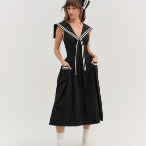 Helena Poplin Collared Midi Dress — Black