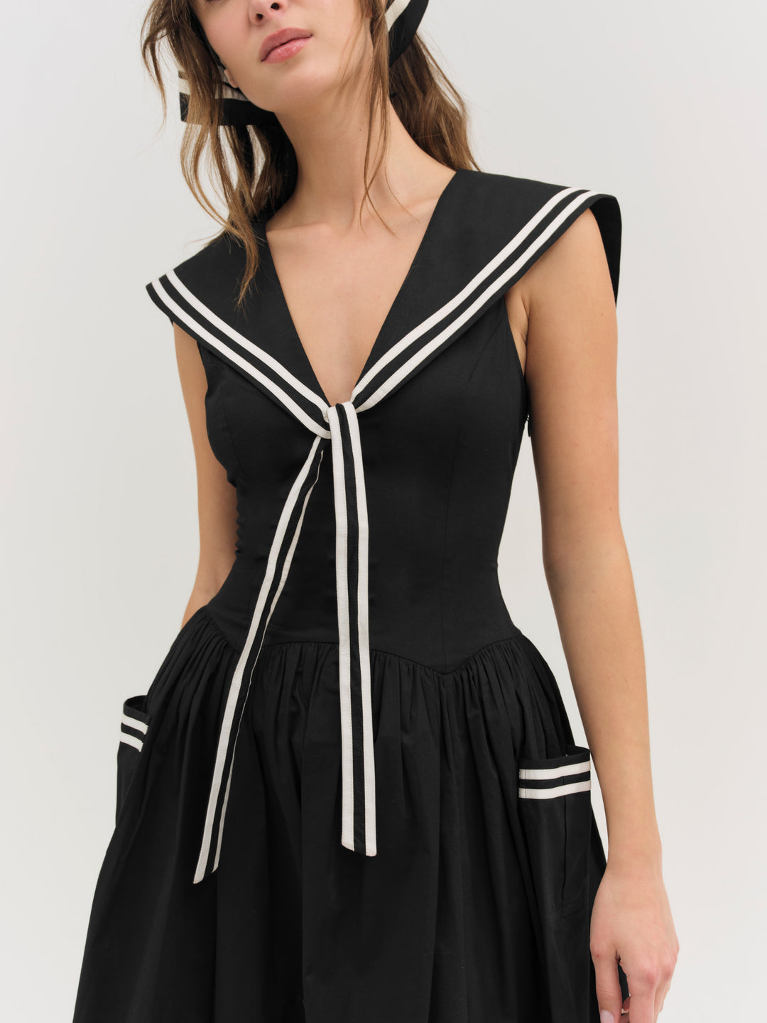 Helena Poplin Collared Midi Dress — Black - Image 3